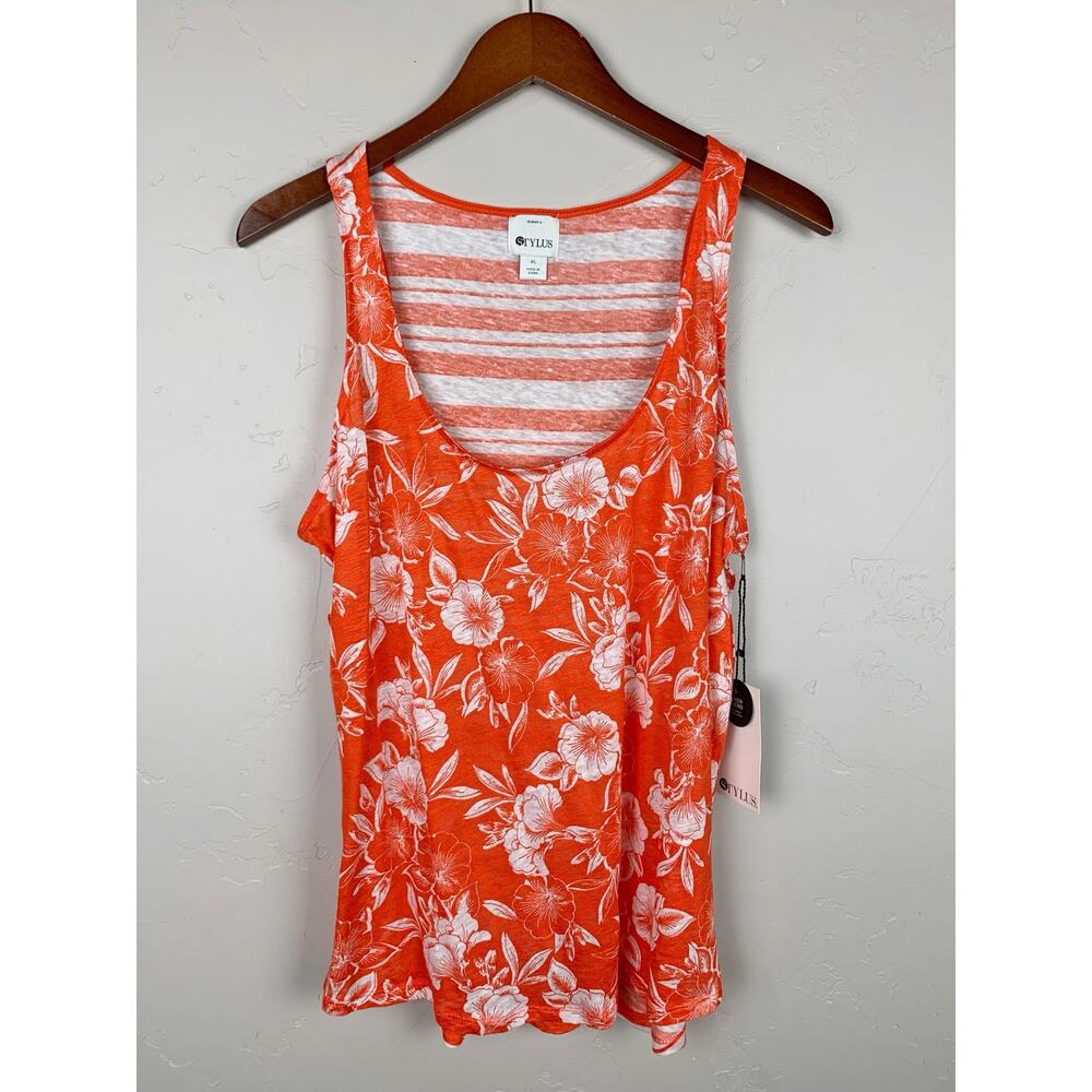 New Stylus Linen Knit Tank Top Orange Floral Stripe Sleeveless Women's XL